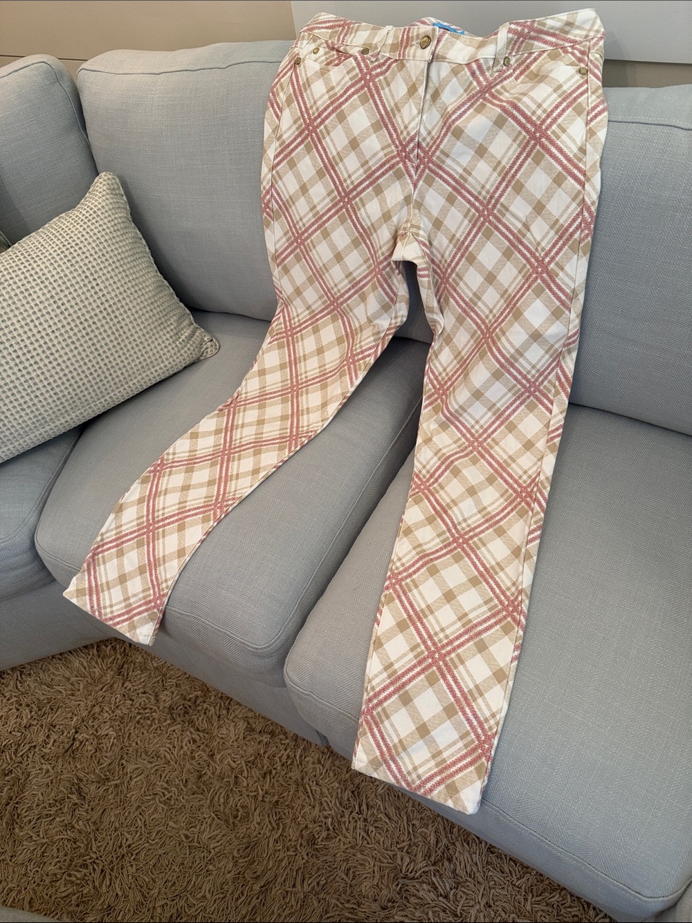Women's Skinny Plaid Pants in Cream and Pink